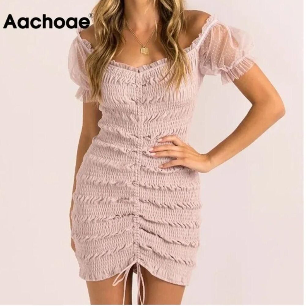 Pink Coquette Mesh Mini Dress | Sheer Ruched Bodycon & Puff Sleeve